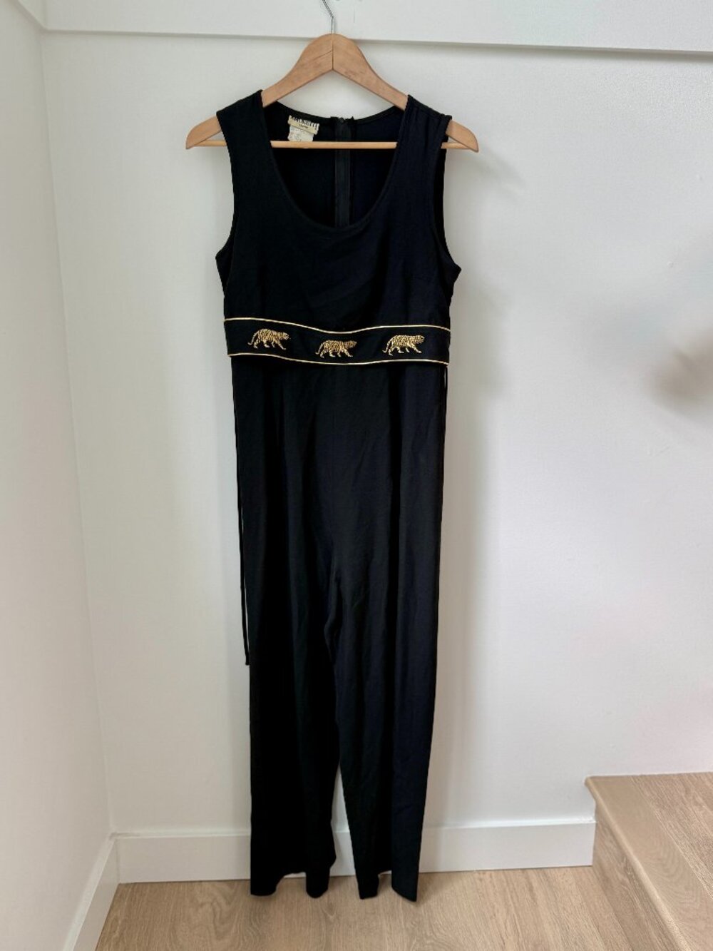 Amoretti Vintage Black Sleeveless Jumpsuit Gold Tiger Leopard